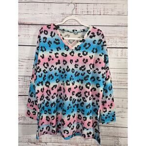 Zenana Women's Large Rainbow Leopard Pring Long Sleeve Top Waffle Knit size L